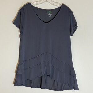 Green Tea Top Womens Small Gray Ruffle Asymmetric Blouse Soft Knit Casual Flowy